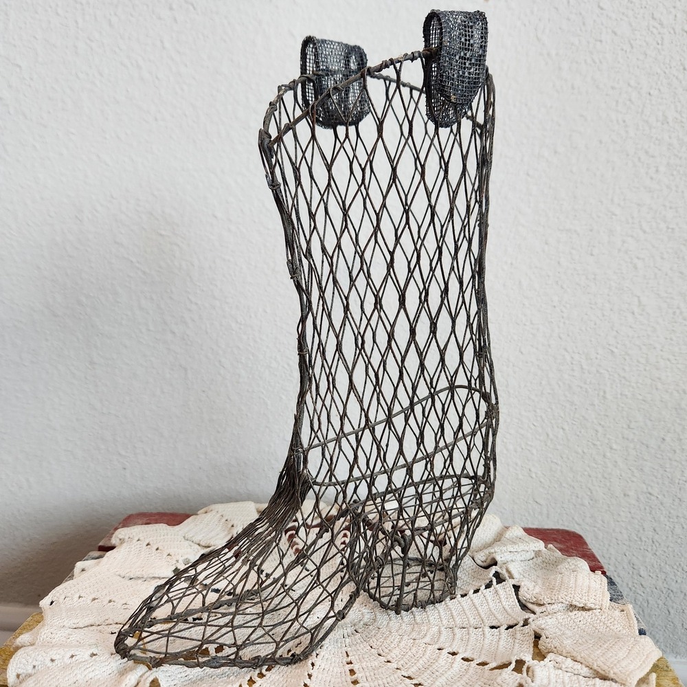 Vintage Rusty Crusty Handmade Wire Mesh Cowboy Boot Vase Galvanized Decor